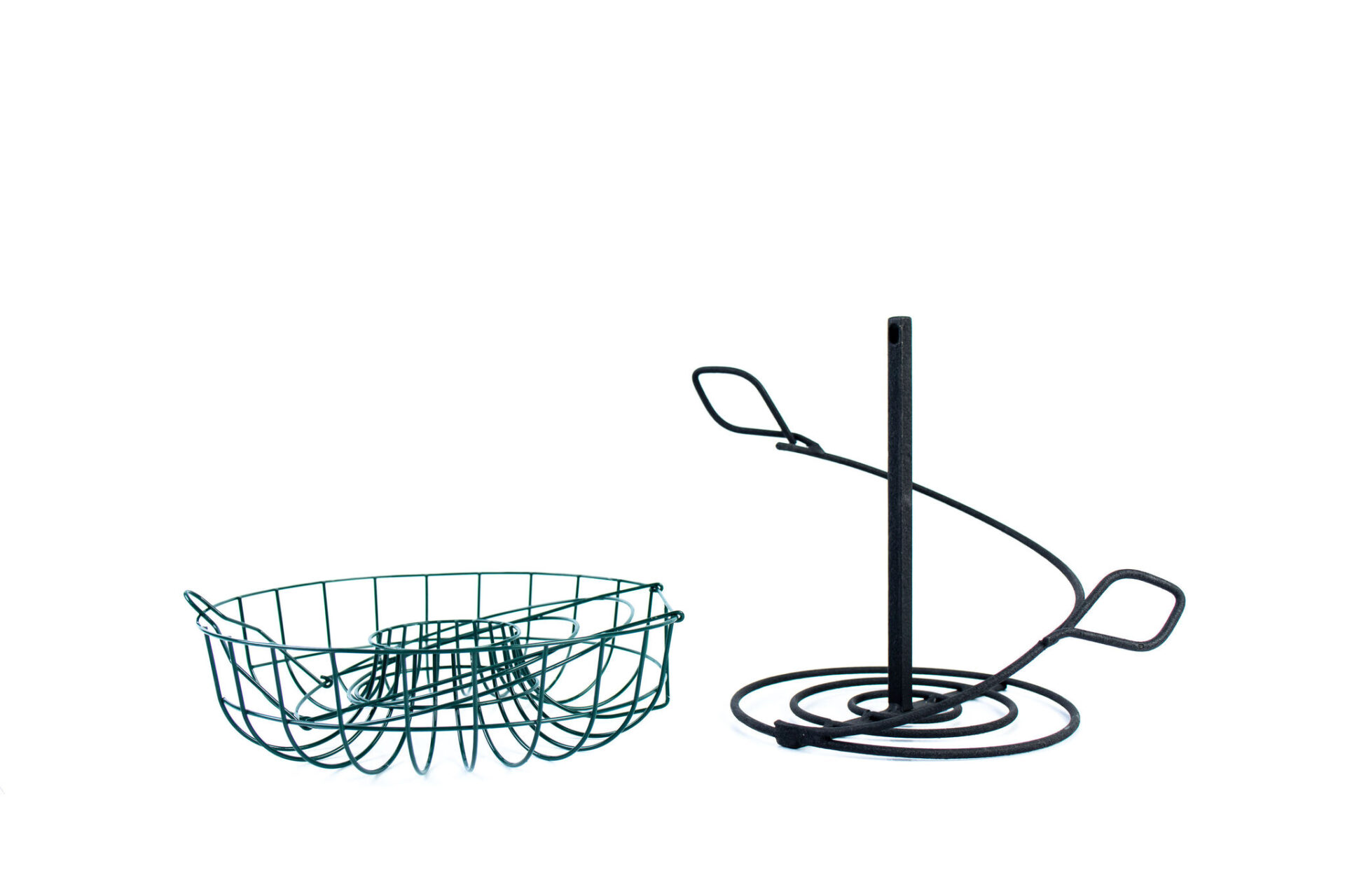 green metal wire basket and black metal parts